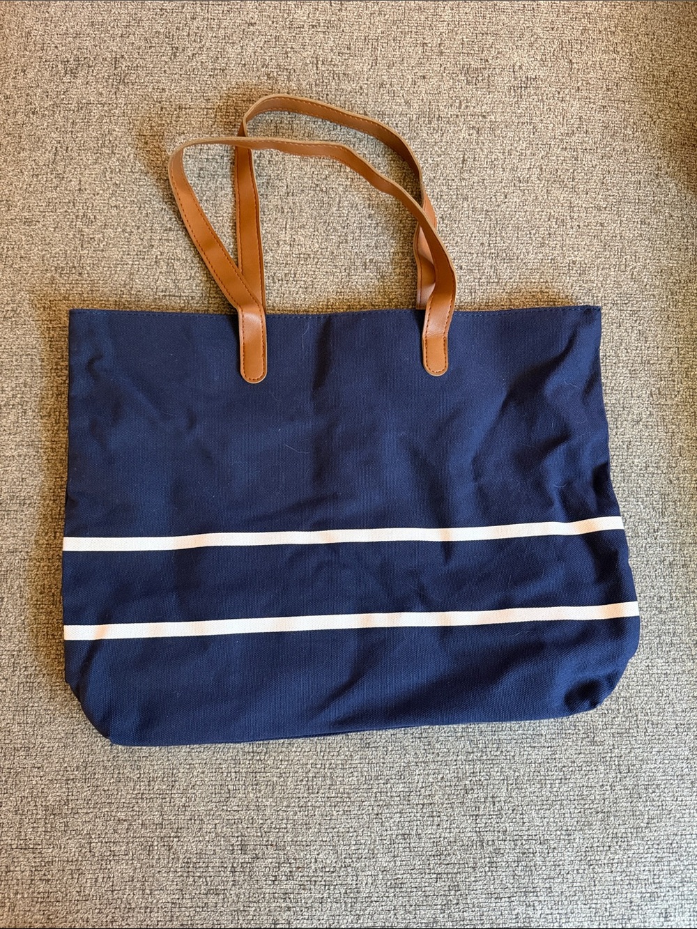 Navy Canvas Stripe Tote with Brown Leather Handles